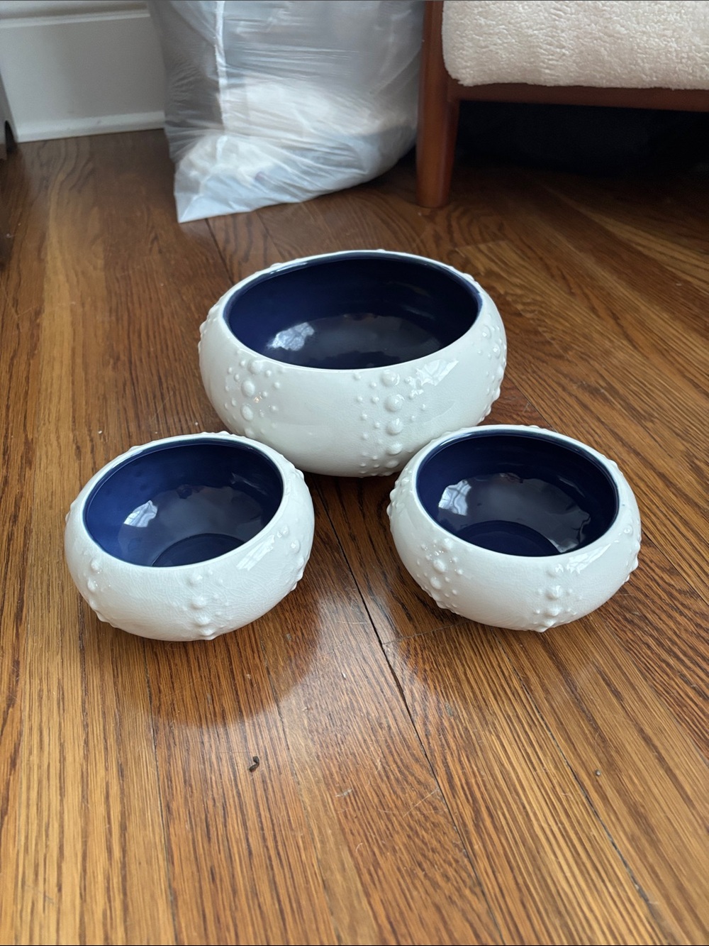 Set of 3 Threshold Navy and White Serving Bowls - 2 at 4” dia; 1 at 8” dia